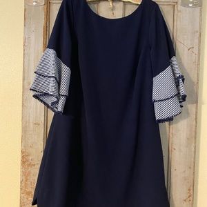 Jessica Howard navy dress with gingham bell sleeve